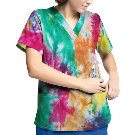 

Huachen Plus Size Printed Scrub Working Uniform Tops For Womens Summer 2023 V-Neck Short Sleeve T-Shirts Workwear Tee With Pockets