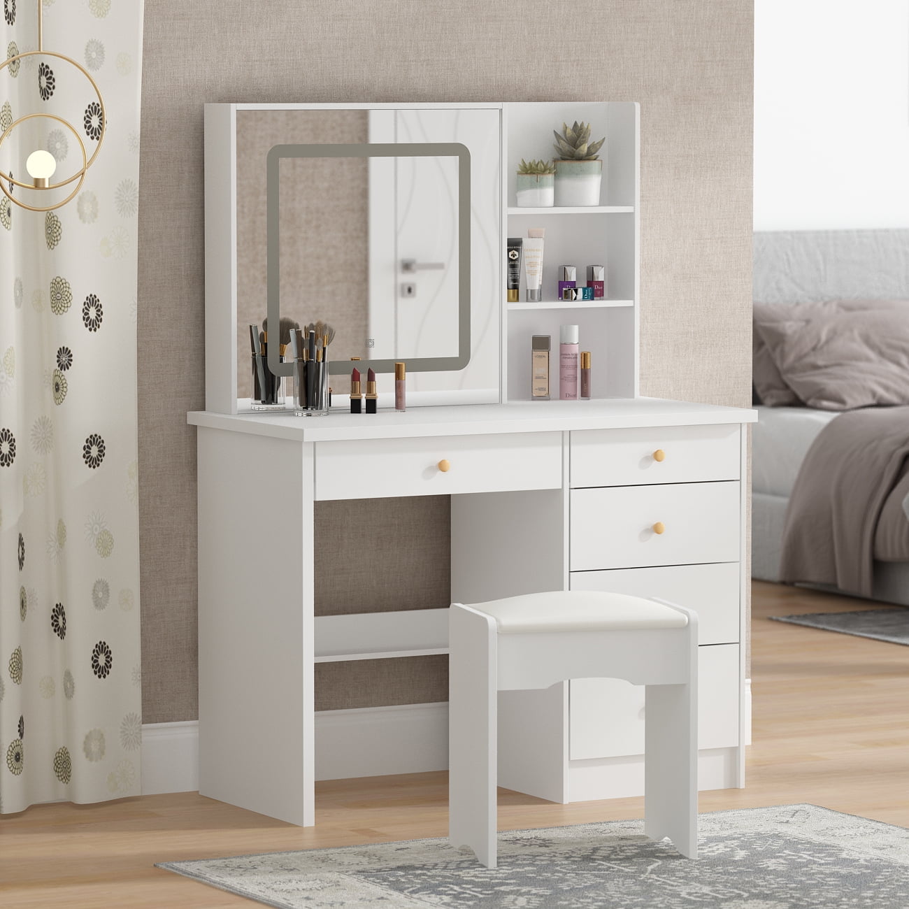 Details about   Dressing Table with Large Round Mirror and 8 Light Bulbs for Bedroom 