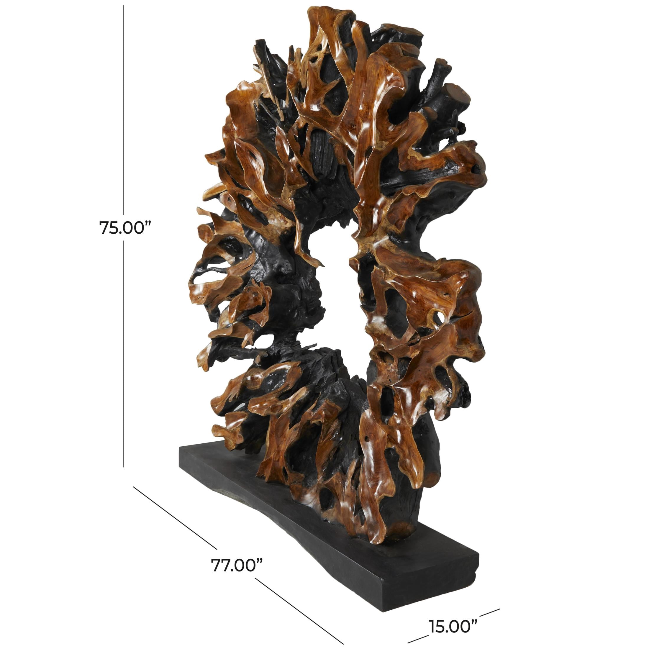 77" x 75" Brown Teak Wood Handmade Large Oversized Tree Root Floor Abstract Sculpture with Live Edge Teak Base, by DecMode