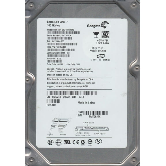 ST3160023AS, 5MT, WU, PN 9W2814-633, FW 8.12, Seagate 160GB SATA 3.5 Hard Drive