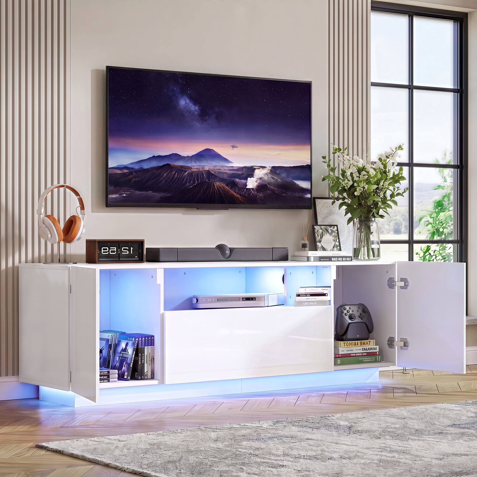 GALAXHERO TV Stand for 65 inch Entertainment Center with LED Lights & Large Storage Cabinet Modern TV Console Stands Table for Living Room Bedroom White