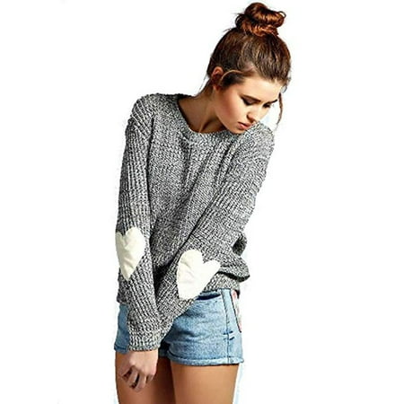 Women's cute Heart Pattern Patchwork Casual Loose Thin Long Sleeve Round Neck Knits Sweater Pullover