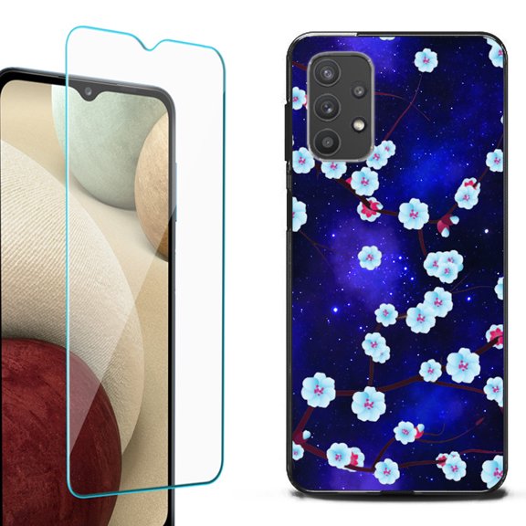 Slim-Fit Flexible TPU Gel Phone Case (black) for Samsung Galaxy A32 5G, with Tempered Glass Screen Protector, by OneToughShield ® - Blossom Stars