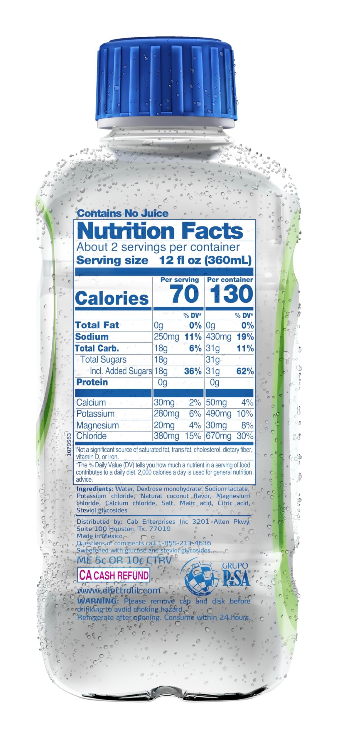 Electrolit, Electrolyte Beverage, Coconut, 21 Fl Oz bottle (Pack of 12)