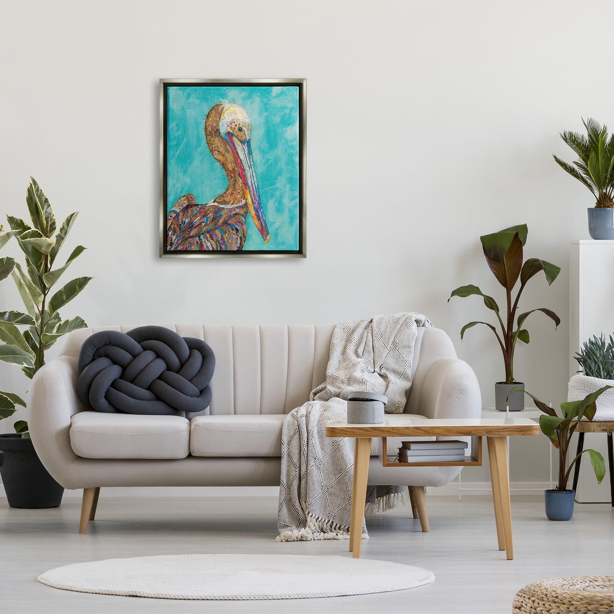 Stupell Industries Beautiful Pelican Bird Vivid Collaged Patterns Design Painting Luster Gray Floating Framed Canvas Print Wall Art, Design by Lisa Morales