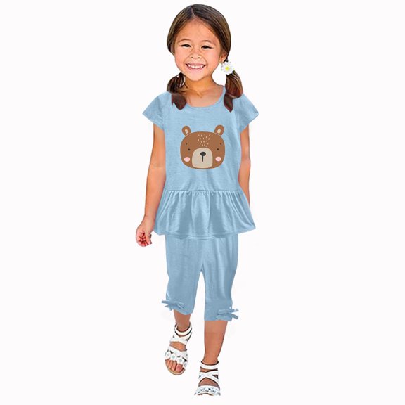 Zwiiyzr 1-10 Years Little & Big Girl Summer Outfits Cute Bear Ruffle Short Sleeved Flutter Sleeve Elastic Waist Cropped Pants Daisy 2Pcs Clothing Set Light Blue