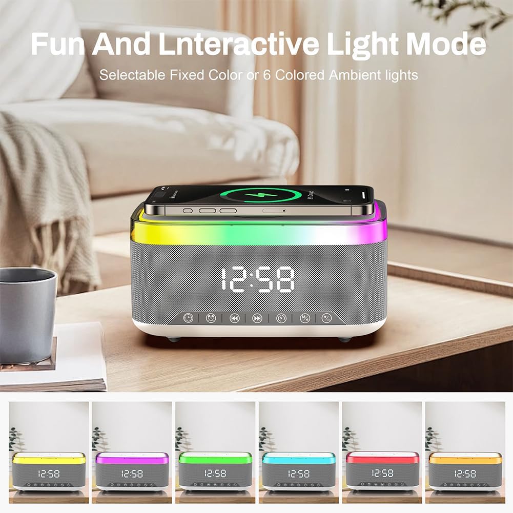 Digital Alarm Clock with Wireless Charging, Bedside with Fast Wireless Charging 15W, Timer Alarm Clock for Heavy Sleepers, RGB Night Light, Bluetooth Speaker Suitable for Indoor & Outdoor, Grey