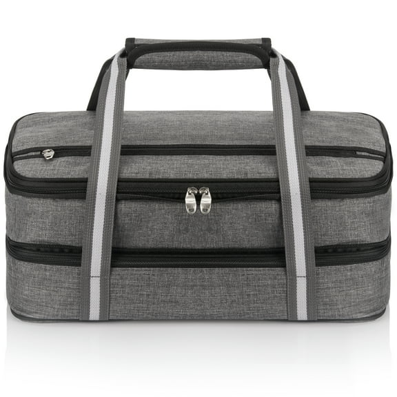 Insulated Expandable Double Casserole Carrier and Lasagna Holder for Picnic Potluck Beach Day Trip Camping Hiking - Hot and Cold Thermal Bag in Gray – Tote can hold 11 x 15 or 9 x 13 baking dish