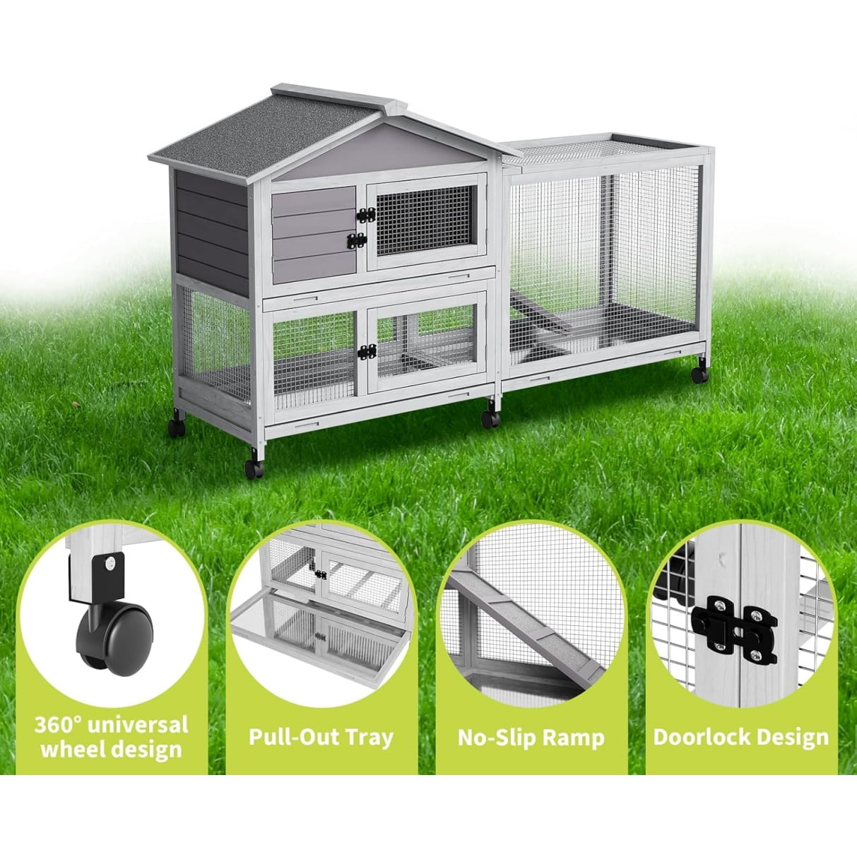 Rabbit Hutch with Weatherproof Roof, Bunny Hutch with 6 Lockable Caster Wheels & Pull-Out Tray, Rabbit Cage for Indoor Outdoor Use