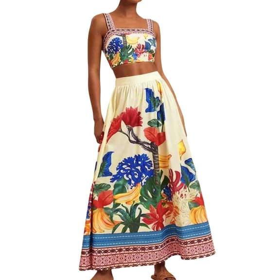 Unir Women’S Vibrant Tropical Print 2-Piece Matching Set, Sleeveless Square Neck Crop Top With High Waist Flowy Maxi Skirt, Smooth Lightweight Polyester Fabric, 2pcs, Sizes S To XXL