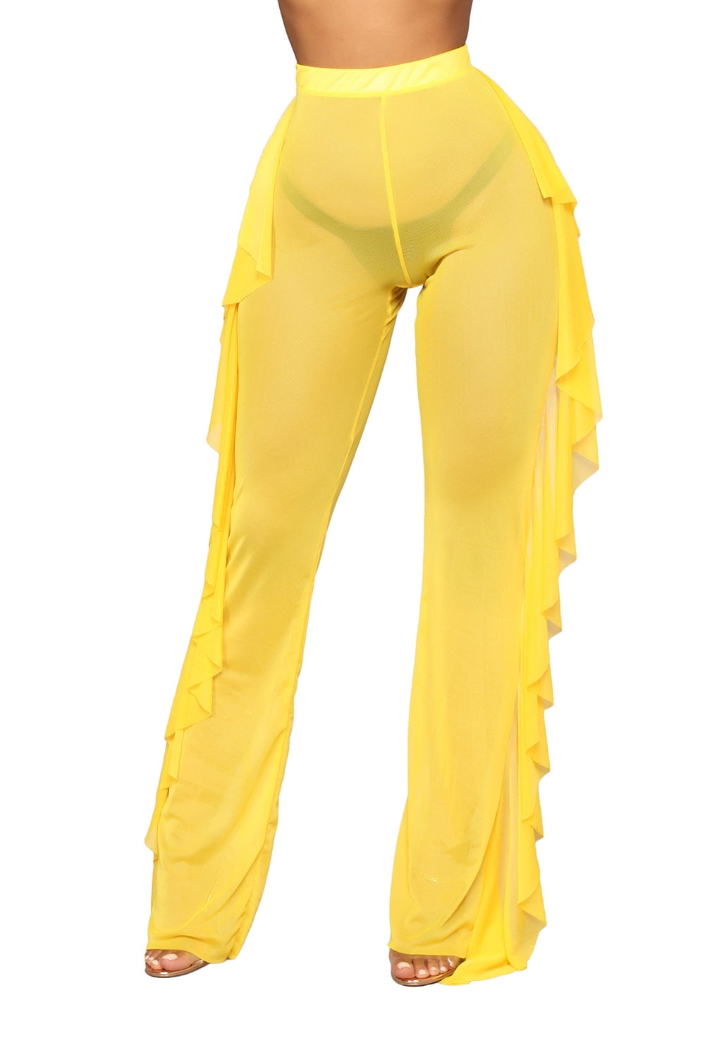 Women Sexy See Through Sheer Mesh Ruffle Pants Perspective Swimsuit