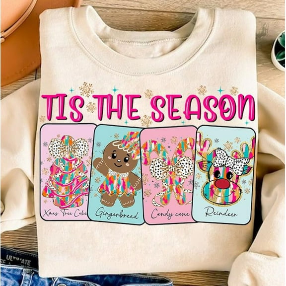 Tis The Season Christmas Sweatshirt, Bright Glitter Cake Candy Reindeer Crewneck, Colorful Xmas Brushstroke Sweater