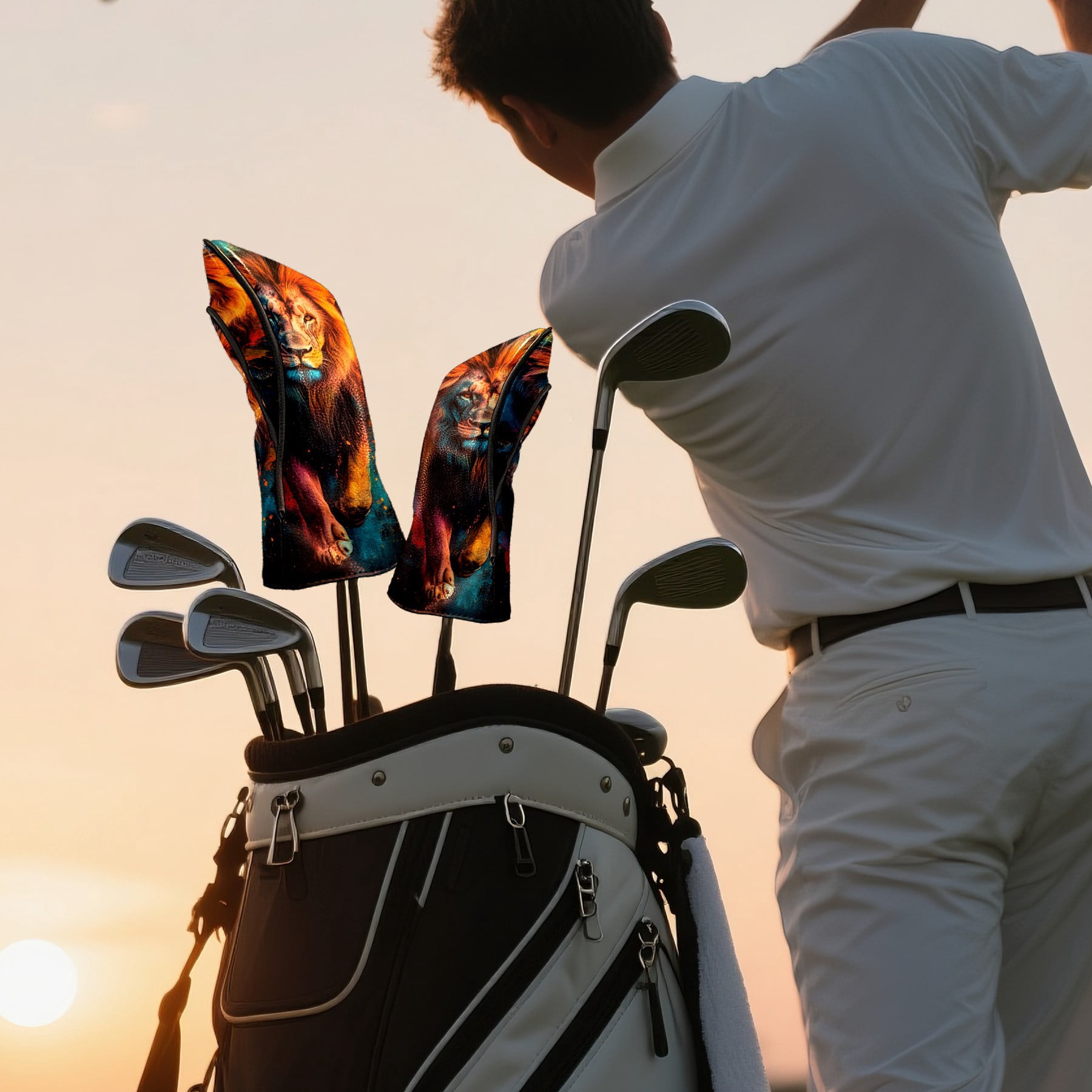Golf Club Covers PU Leather Waterproof Head Covers for Fairway Woods Hybrids Ferocious Lion