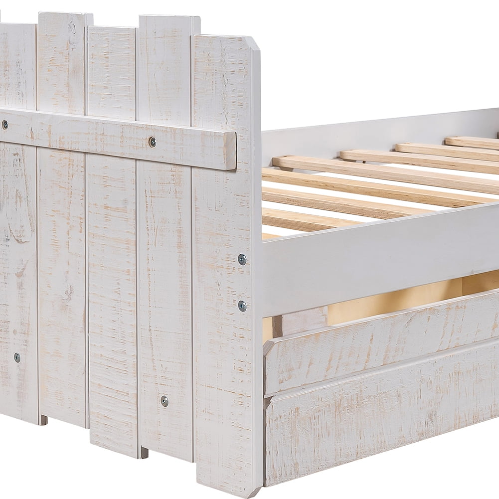 Lowestbest Vintage Wood Twin Platform Bed Frame with Headboard and Footboard, White Lowestbest Vintage Wood Twin Platform Bed Frame with Headboard and Footboard, White