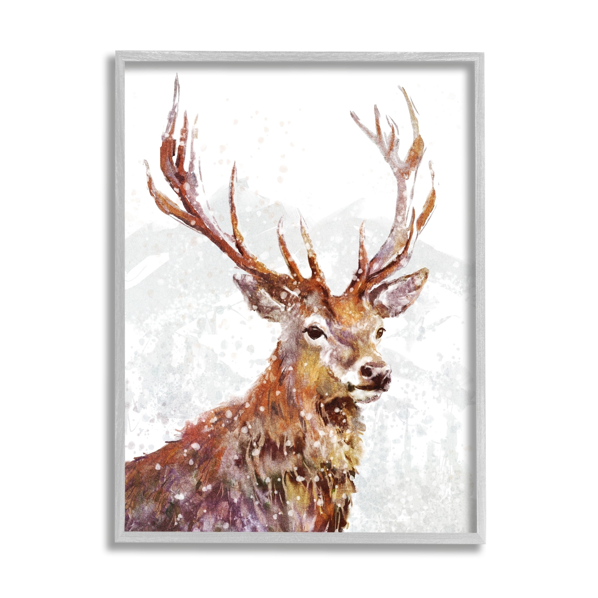 Stupell Industries Winter Deer Mountain Snowfall Holiday Painting Gray Framed Art Print Wall Art