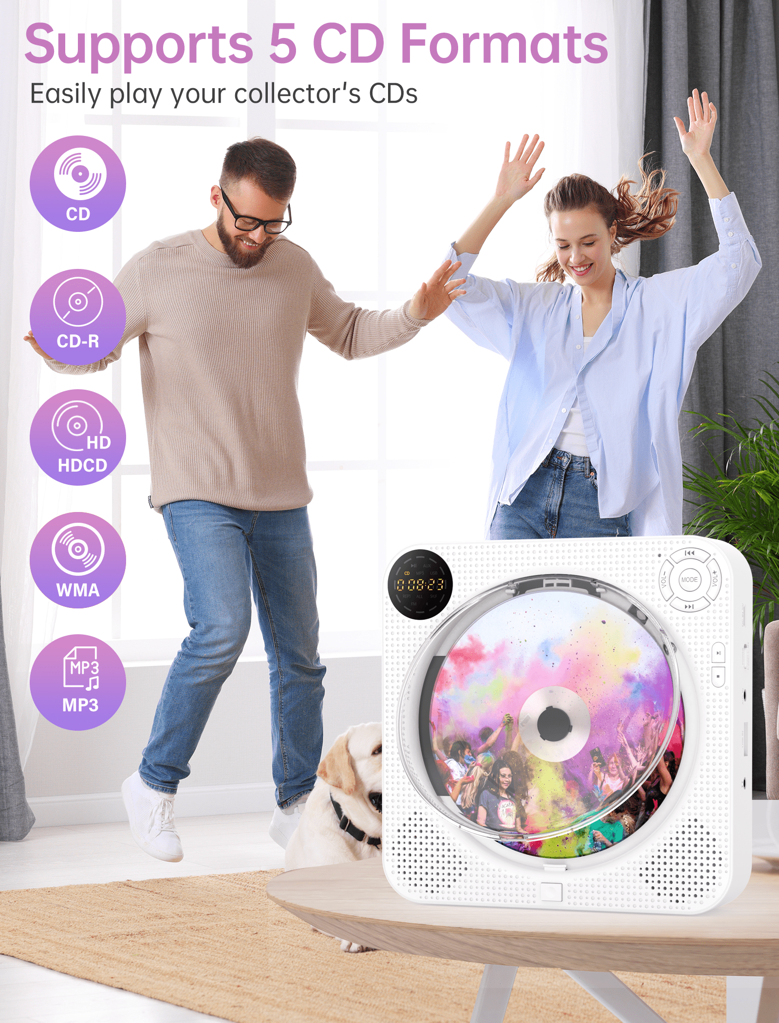 CD Player Portable Bluetooth Wall Mountable Desktop CD Player with Hifi Sound Speakers, Remote Control, Dust Cover, LED Display, Support FM Radio Wireless, AUX in Cable&USB,Repeat