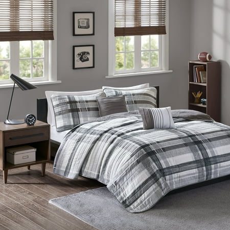 Home Essence Apartment Slate Grey Plaid 5 Piece Coverlet Set, Full/Queen