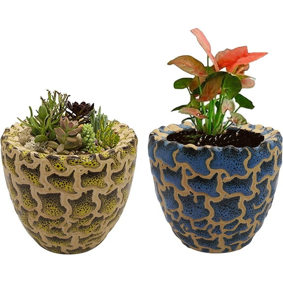 India Meets India Ceramic Flower Pot Designer Planter Vase Indoor Outdoor Planter Handicraft by Awarded Indian Artisan (Yellow & Blue, Set of 2)