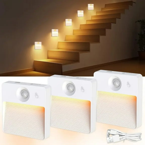 3 Pack Motion Sensor Stair Light For Indoor, Rechargeable Battery Operated Closet Lights, RGBW Stick On Night Lamp, Motion Activated Magnetic Lighting Lamps For Step, Cabinet, Hallway, Bathroom