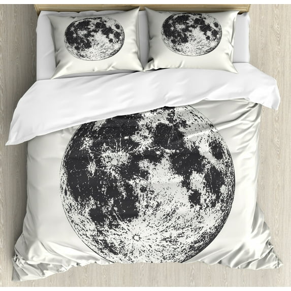 Full Moon Duvet Cover Set Queen Size, High Detailed Sketchy Illustration of a Full Moon in Monochrome, Decorative 3 Piece Bedding Set with 2 Pillow Shams, Dark Grey White and Eggshell, by Ambesonne