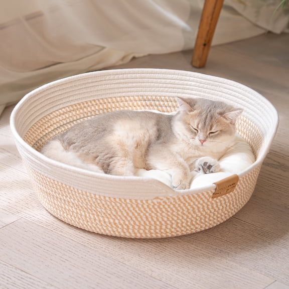 Cat Bed Basket with Cushion, 18.5*18.5*6in 2-in-1 Cotton Pet Couch for Indoor Cats(White)