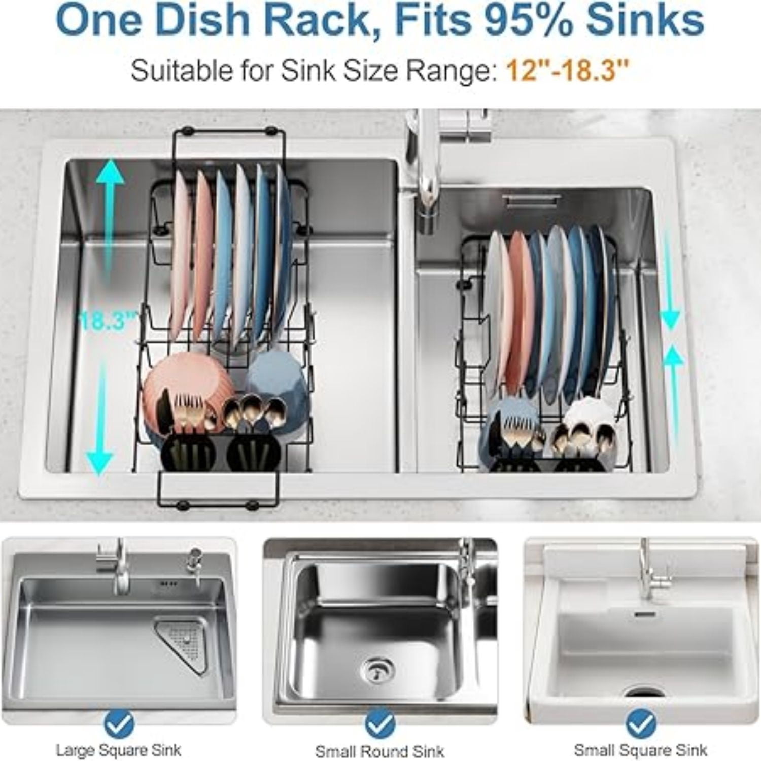 Sink Dish Drying Rack, Capacity Expandable Over Sink Dish Rack (12"-16.8"), in Sink Dish Drainer for Kitchen Counter with Utensil Holder and Handle, Black