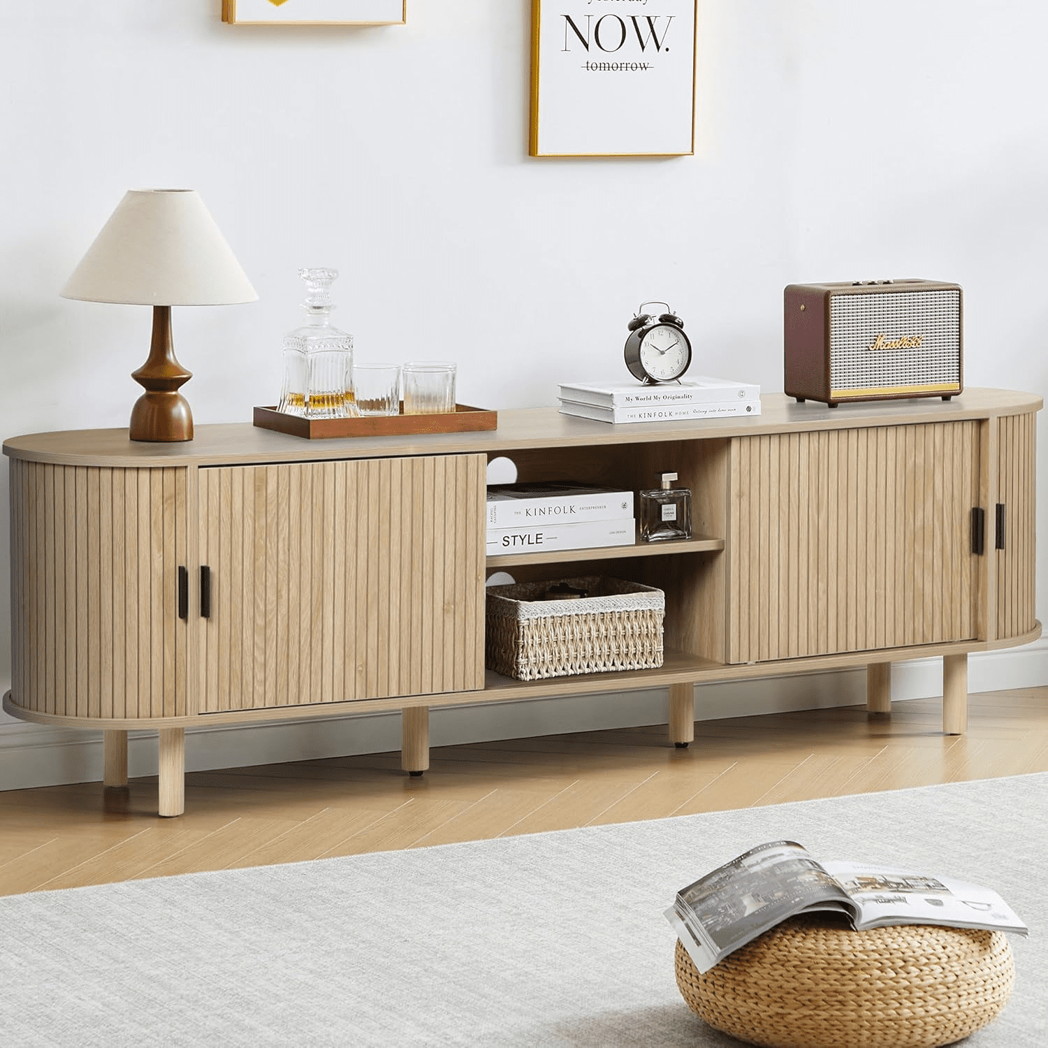 LEFHDA 70.8" Mid Century Modern TV Stand, Wood Tambour Door Entertainment Center with Storage for TVs Up to 75", Curved Edge Cabinet for Living Room Bedroom（Natural）