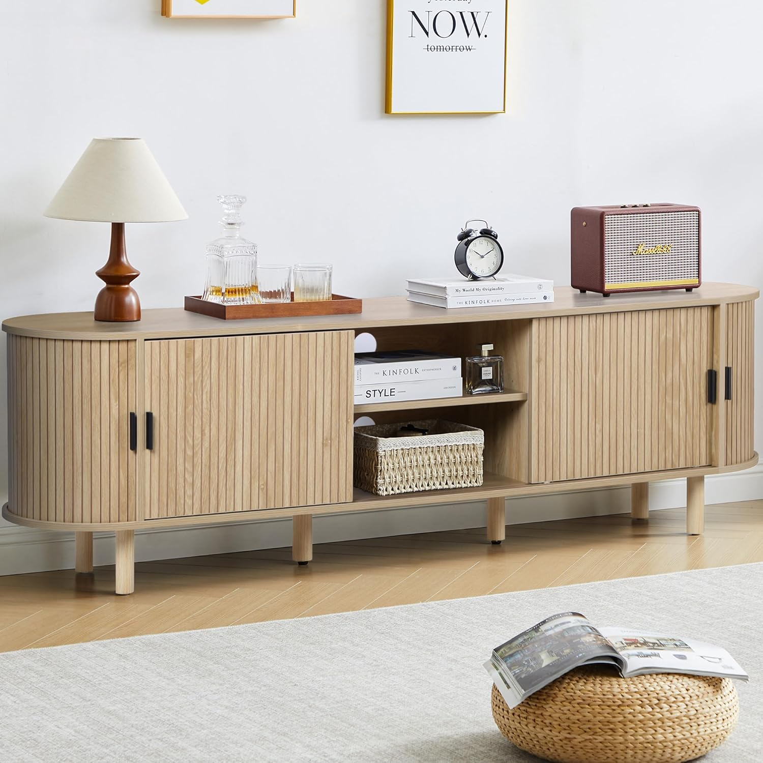 LEFHDA 70.8" Mid-Century Modern TV Stand with Tambour Doors, Natural photo 8