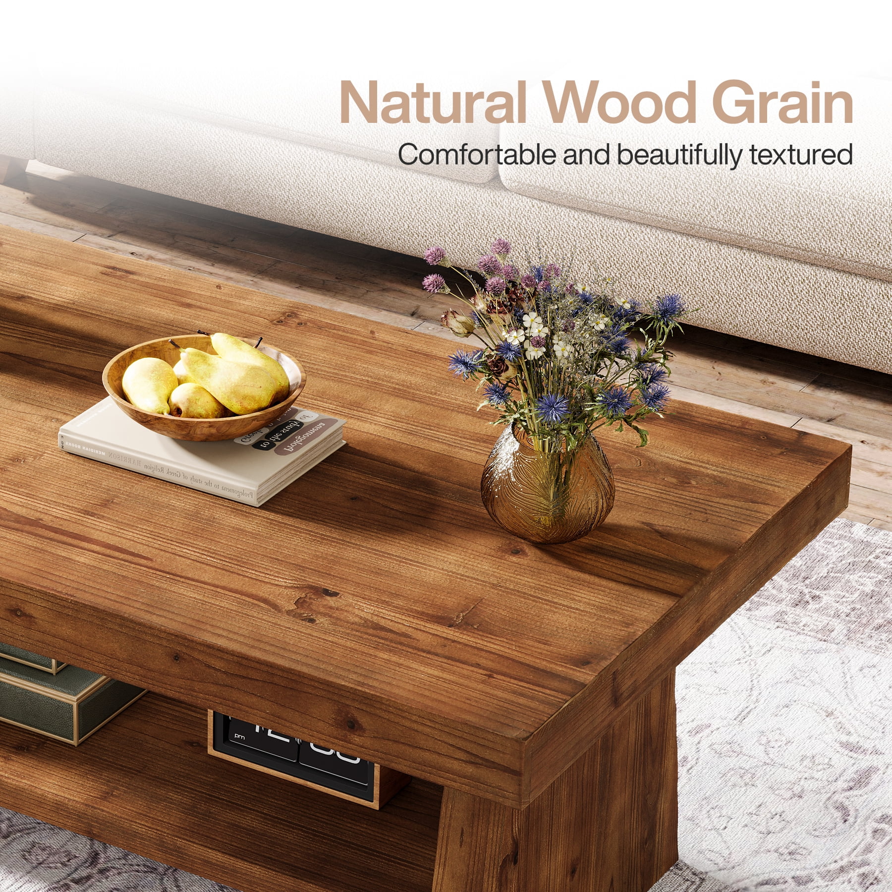Finmind 2-Tier Solid Wood Coffee Table, 47-Inch Farmhouse Center Table with Storage,Rectangular Tea Table for Living Room, Natural Brown