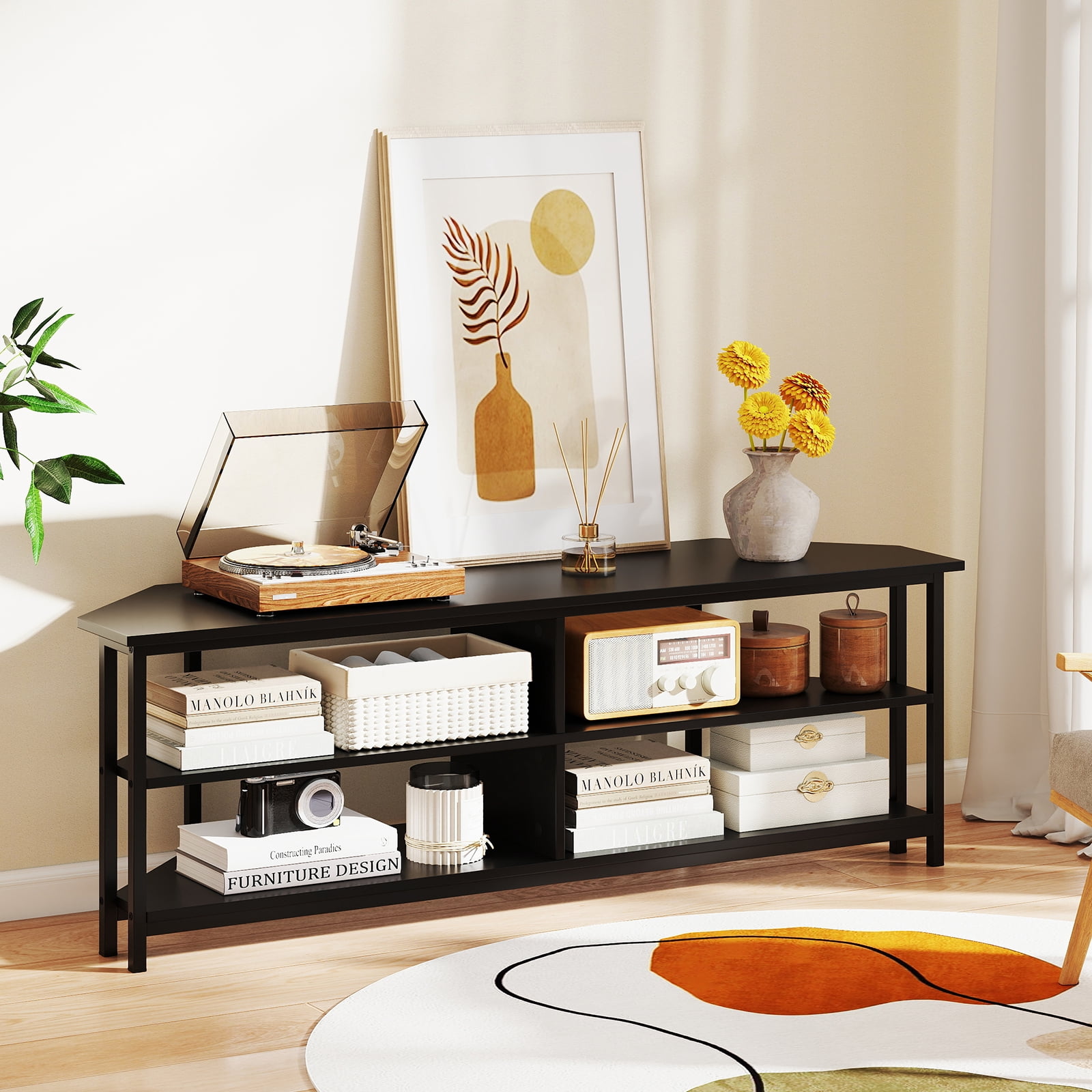 Giantex Nightcore Corner TV Stand, Entertainment Center for 65" TV, Console Table w/Metal Frame & AC Outlets, Media Console, Black