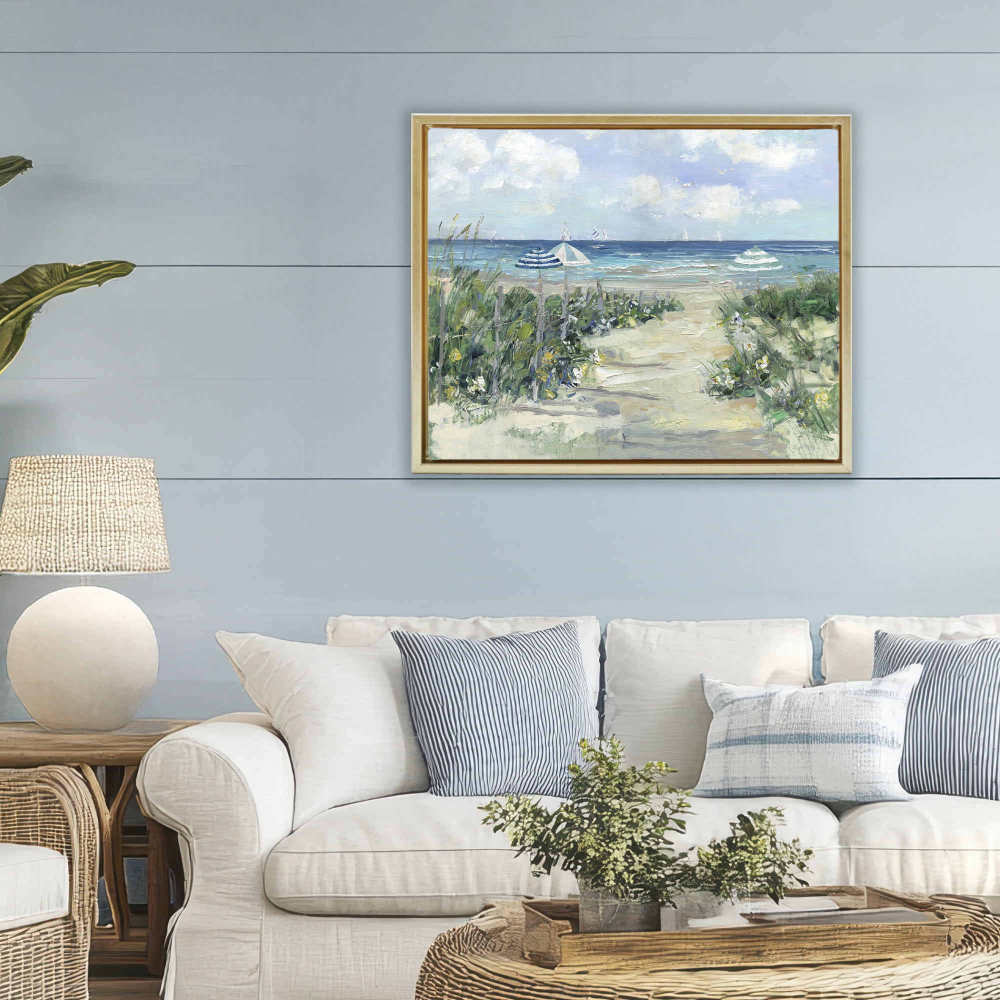 Stupell Industries Seaside Path To Striped Umbrellas Gold Framed Floater Canvas Wall Art, design by Sally Swatland