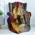 thumbnail image 4 of European Soft Flannel Fleece Throw Blanket, Floral Medieval Tuscan Alley at Afternoon Street Cat Historical Houses, Cozy Plush for Indoor and Outdoor Use, 50" x 60", Fuchsia and Yellow, by Ambesonne, 4 of 5