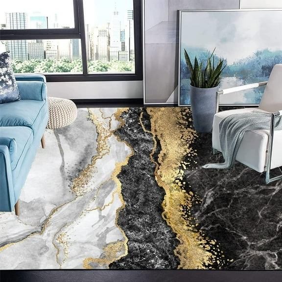 2x3 Small Modern Contemporary Abstract Black Grey Gold Marble Pattern Area Rug for Livingroom Bedroom Diningroom No-Slip Art Decor Office Kitchen Hallway Floor Carpet