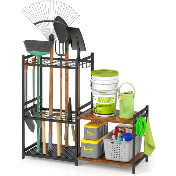 Garage Tool Organizer with 2-tier Wooden Shelves, Yard Tool Organizer for Garage with 6 Hooks, Heavy duty Steel Garden Tool Rack Holds up to 35 Long Handled Yard tools for Storage, Black