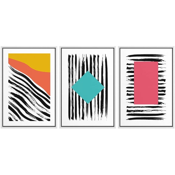 wall26 Framed Wall Art Print Set Vibrant Neon Polygons on Black Stripes Abstract Shapes Illustrations Modern Art Boho Colorful Multicolor for Living Room, Bedroom, Office - 16"x24"x3 White