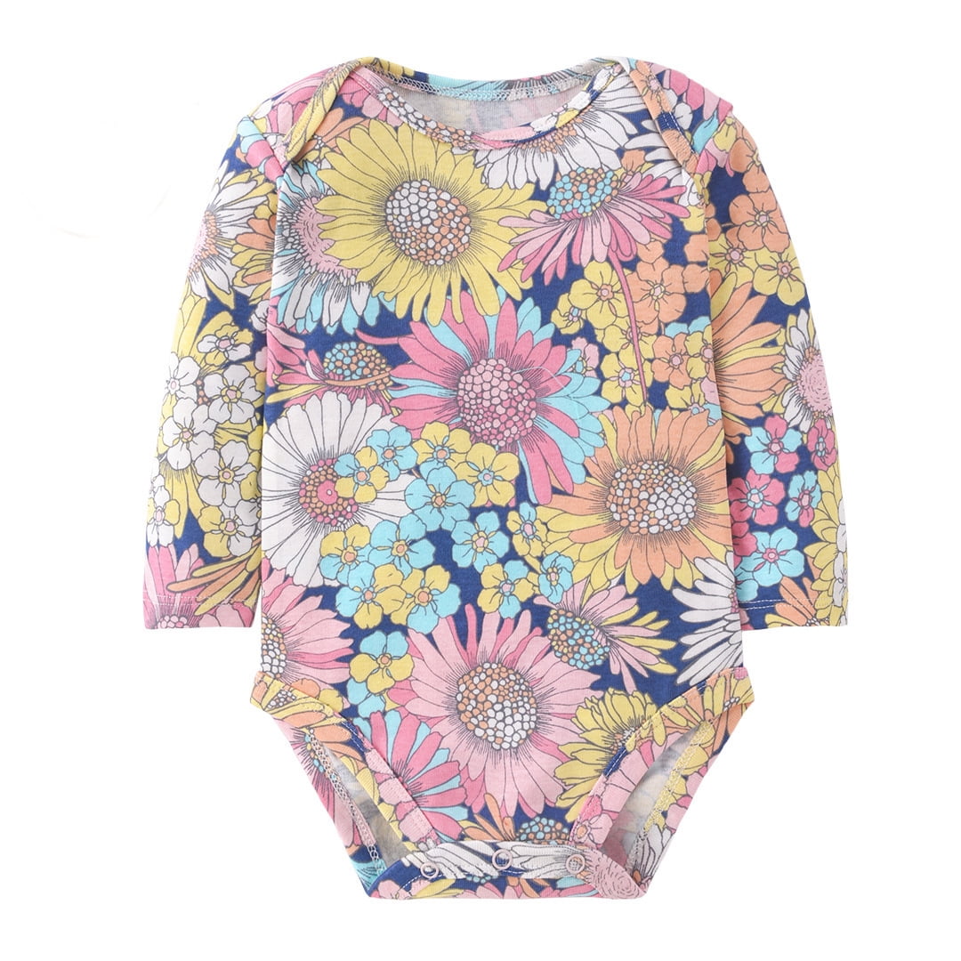 Bellafa 2-pack Long Sleeve Bodysuits One-piece 100% Organic Cotton for Infant Girls Floral Unicorn Onesies Baby Romper