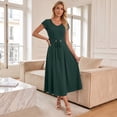 thumbnail image 3 of ZQUUVOU Summer Dresses for Women Belted Waist Short Sleeve Midi Dress Casual Soft Breathable Elegant Summer Office Daily Wear Green, 3 of 8
