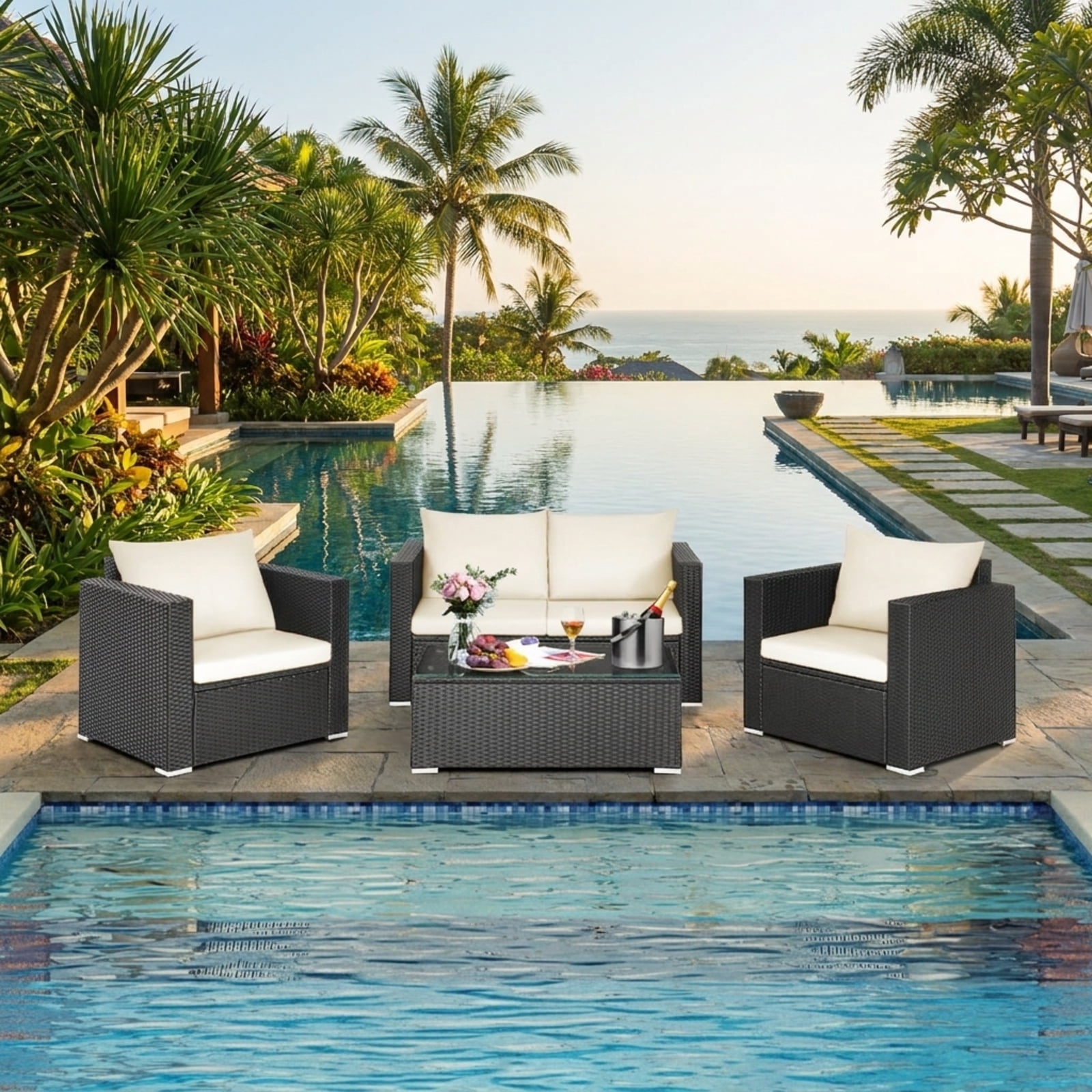 Furnibear 4 Pieces Patio Rattan Conversation Set Outdoor Wicker Furniture Sofa Set with Padded Cushions and Tempered Glass Coffee Table for Garden Backyard, White