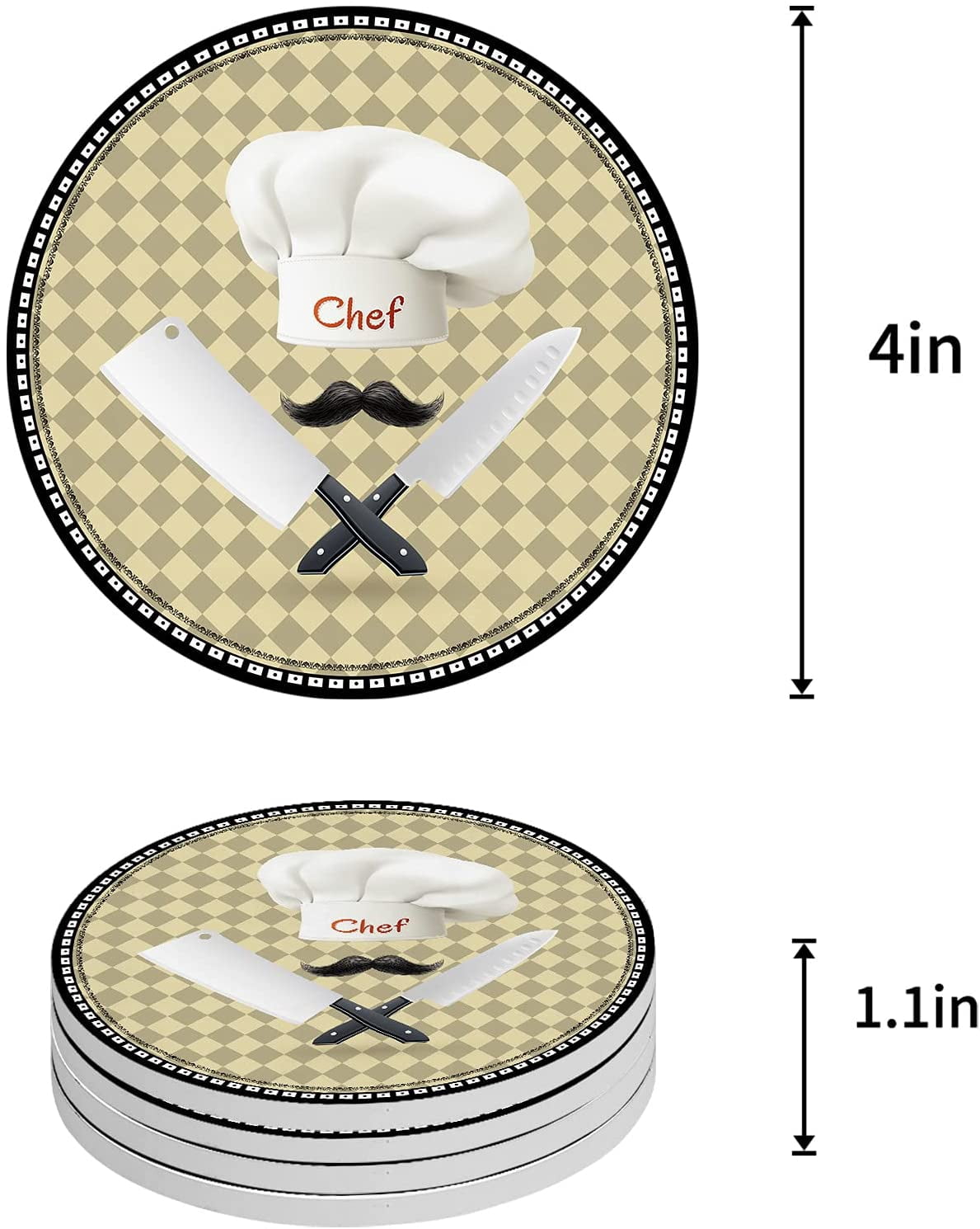 FMSHPON Kitchen Themed Chef Hat Lattice Set of 6 Round Coaster for ...