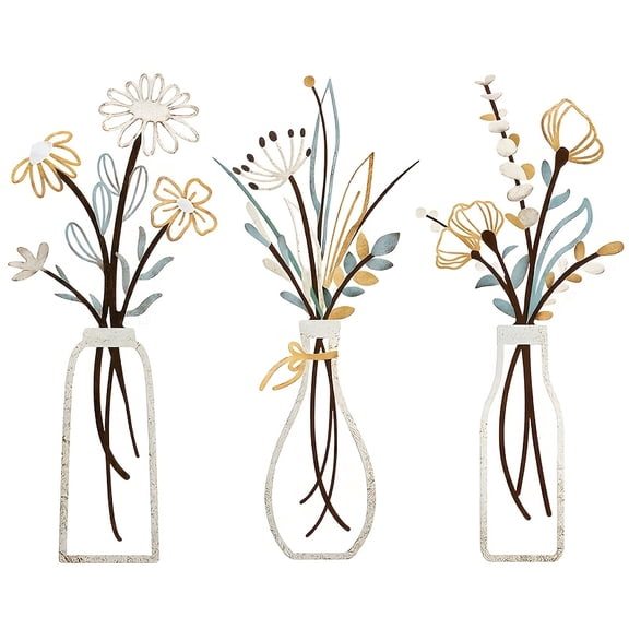 3 Pcs Metal Floral Wall Art-Metal Vase Wall Decor, Rustic Farmhouse Wall Art For Living Room Bedroom Dining Room, Beige Flower Wall Art Decor, Ideal For Housewarming Gifts