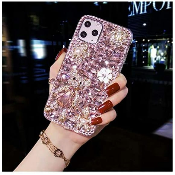 Compatible with iPhone 12/12 Pro Glitter Sparkle Bling Case Luxury Shiny Crystal Rhinestone Jewelled Gemstone Diamond Bumper Clear Protective Designed for iPhone 12/12 Pro 6.1'',Pink