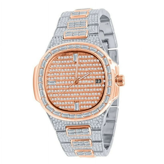 18K 2 Tone Rose Gold Finish W/White CZ Baguette/Round Cut Simulated Diamond 5 ATM Water Resistant Solid Stainless Steel Back Mens Iced Watch W/Date Function 42mm