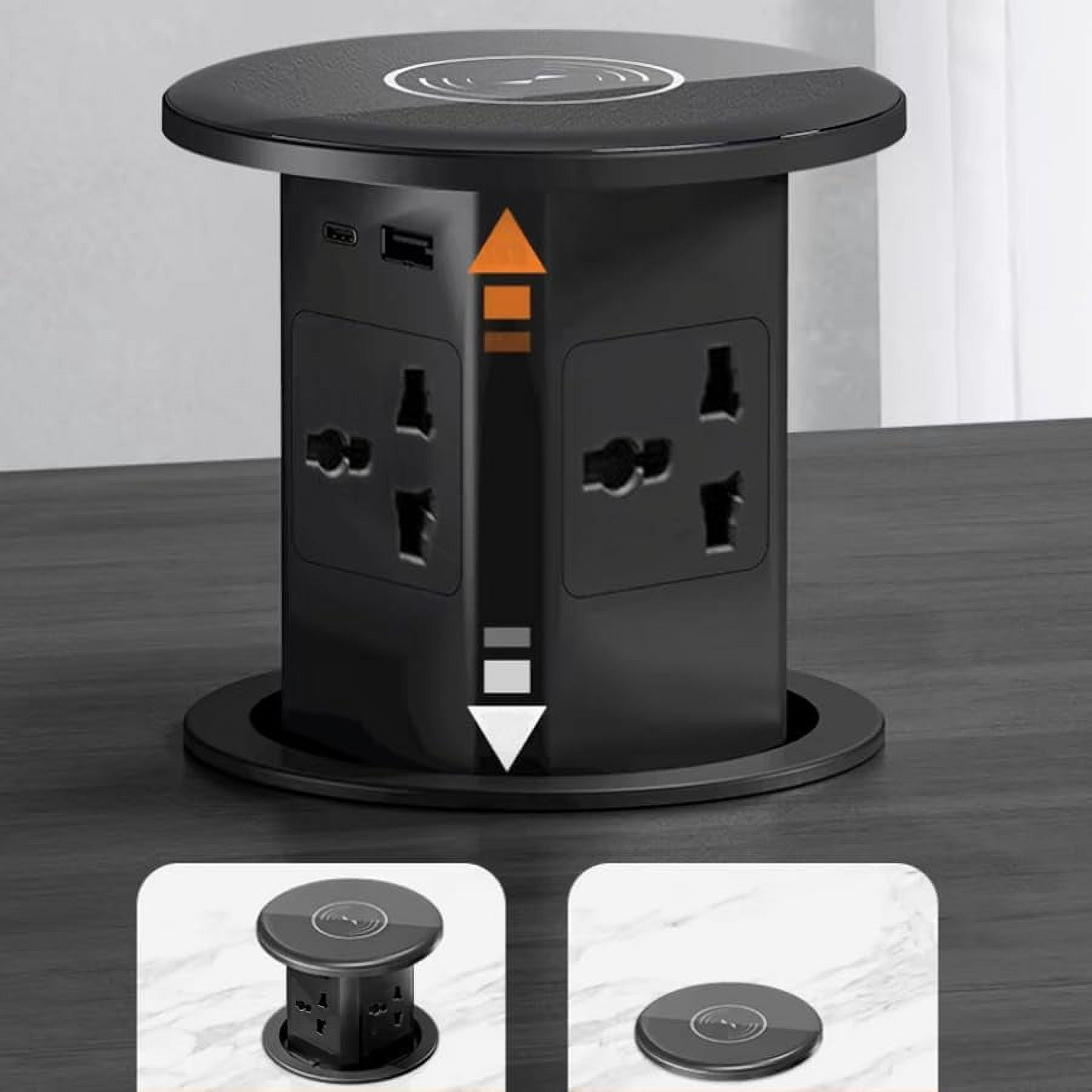 Pop Up Outlet, Automatic Hidden Power Strip with 15W Wireless Charger, 4 AC Outlets Plug with 2.1A USB and PD 20W Type-C Rapid Charge Stations for Countertop Kitchen Conference Workbench