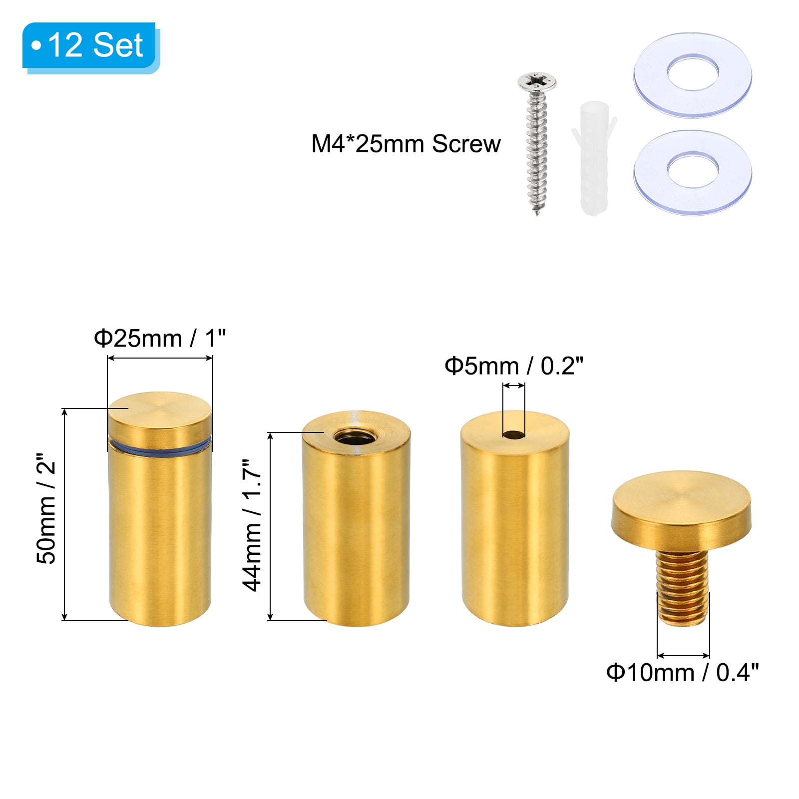 Uxcell 1 x 2 Inch Sign Standoff Screws, 12 Set Stainless Steel Wall Standoff, Gold