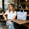 thumbnail image 5 of WANDF PVC Tote Bag for Women,Plastic Tote Bags for Shopping,Travel,Work,Classic Woman Handbags with Inner Pocket,Eco-Friendly Gift Bag for Ladies,Mom,Sister,Besties(Blue Pink Stripe), 5 of 9