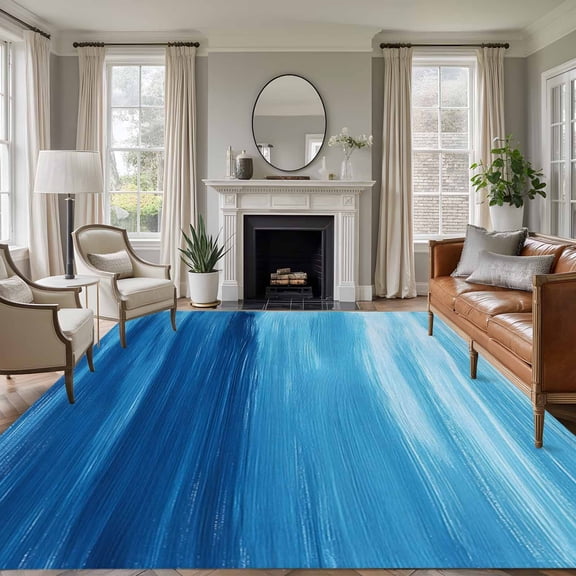 Blue Ombre Coastal Large Area Rug 8x10 FT, Non Slip Living Room Throw Carpet, Summer Gradient Ocean Wave Washable Soft Indoor Outdoor Carpet Non-Shedding Rug for Bedroom Dining Room