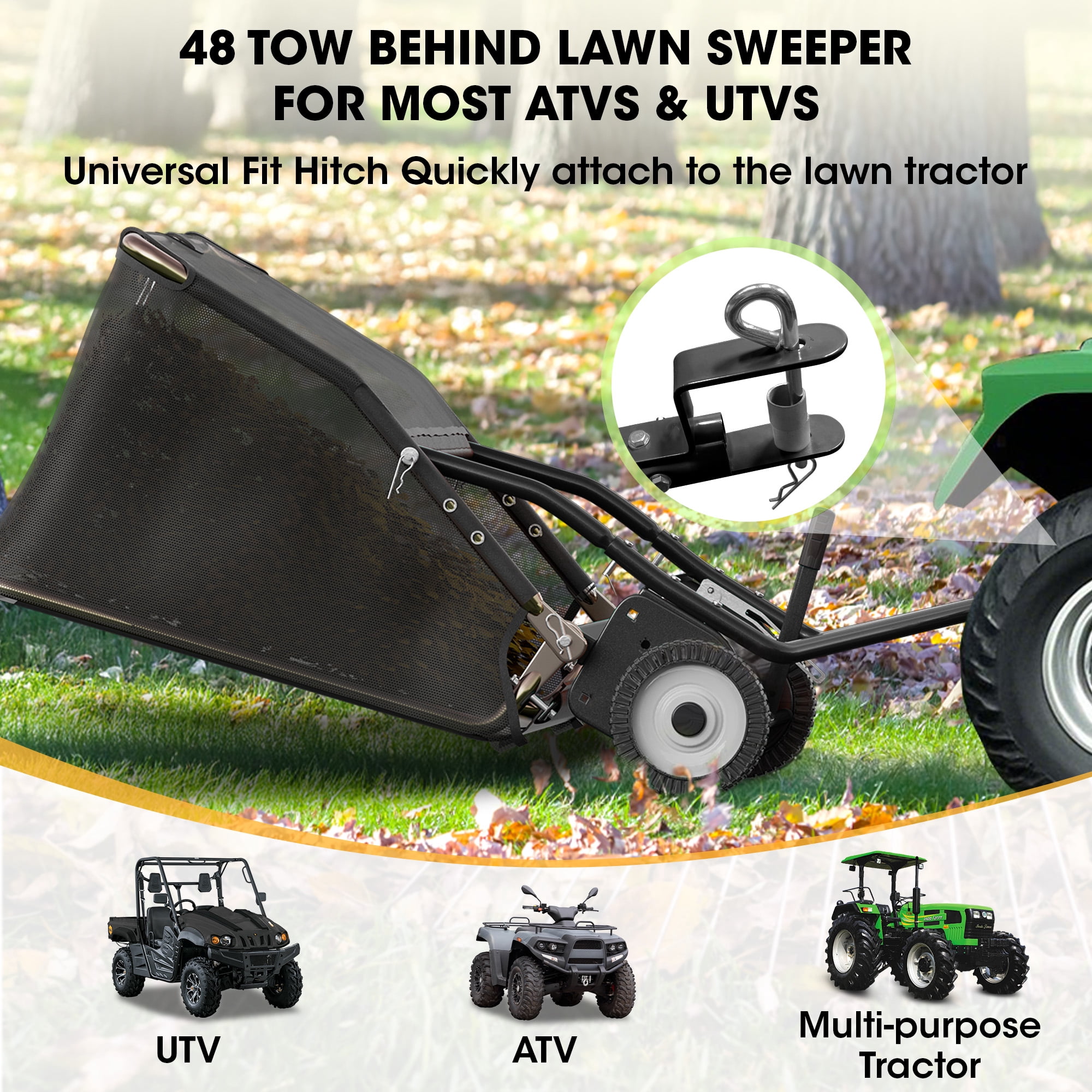 48" Tow Behind Lawn Sweeper Leaf Collector Sweeper for Lawn 25.16 Cu.ft Capacity