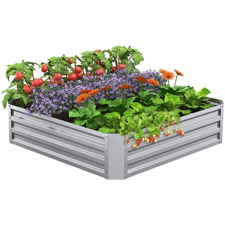 JOZ 4×4×1ft Galvanized Raised Garden Bed Outdoor for Vegetables Flowers Herb, Large Heavy Metal Planter Box Steel Kit with Metal Stake to Fix