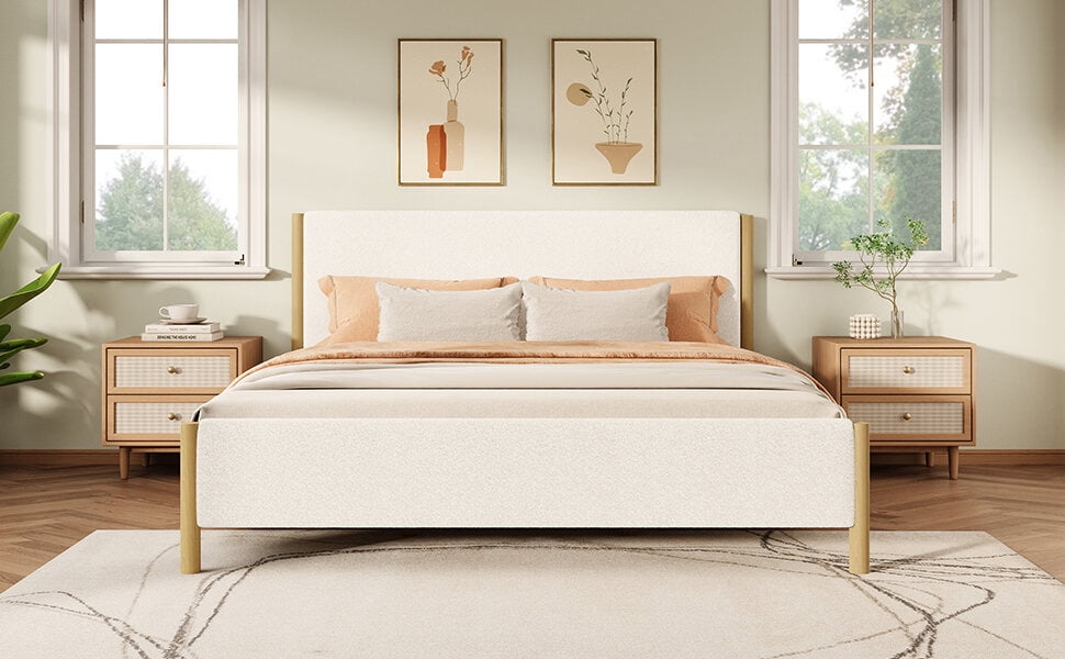 Bed Frames Modern White Boucle Upholstered Bed with Rubberwood Legs, Queen, White,Adjustable Bed Base