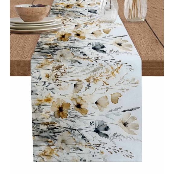 Brown Retro Floral Table Runner 72 Inches, Spring Botanical Wildflowers Bed Runner Dresser Scarves Tabletop for Indoor Outdoor Parties/Ceremony/Banquet, 13" x 72"